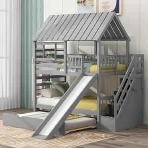 Kids Twin Over Twin Bunk Beds with Slide and Trundle