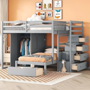 Full Over Twin Bunk Bed with Wardrobe Cabinet